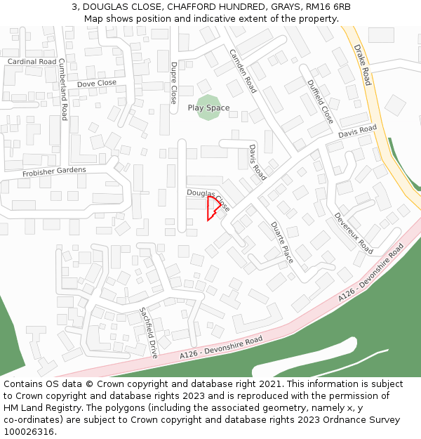 3, DOUGLAS CLOSE, CHAFFORD HUNDRED, GRAYS, RM16 6RB: Location map and indicative extent of plot