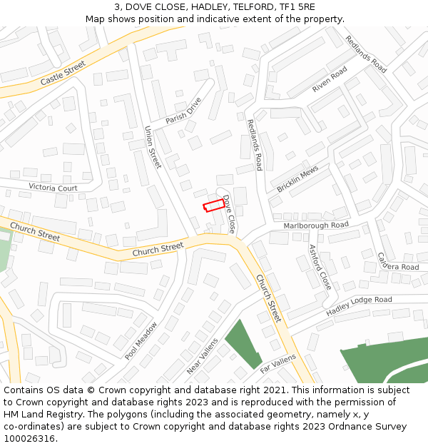 3, DOVE CLOSE, HADLEY, TELFORD, TF1 5RE: Location map and indicative extent of plot