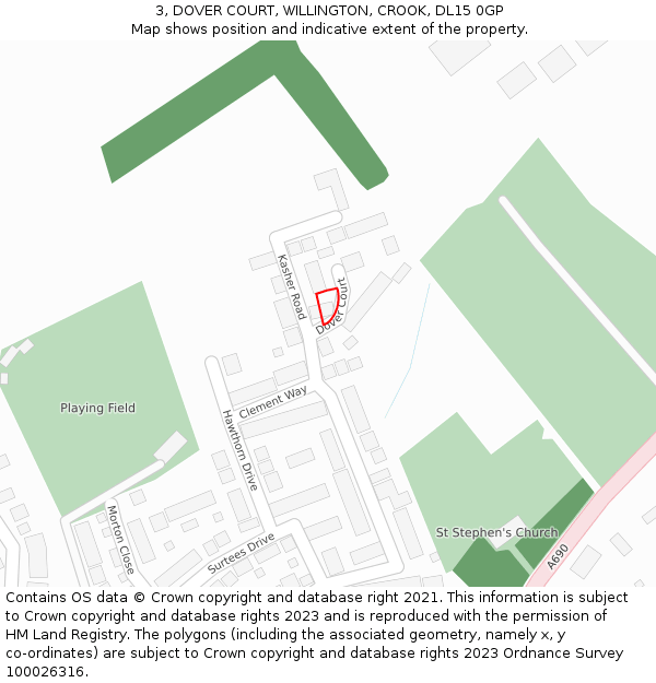 3, DOVER COURT, WILLINGTON, CROOK, DL15 0GP: Location map and indicative extent of plot