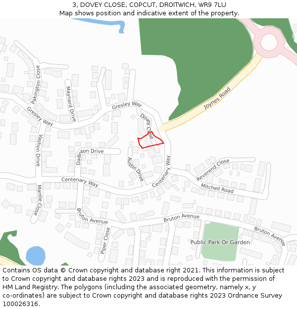 3, DOVEY CLOSE, COPCUT, DROITWICH, WR9 7LU: Location map and indicative extent of plot