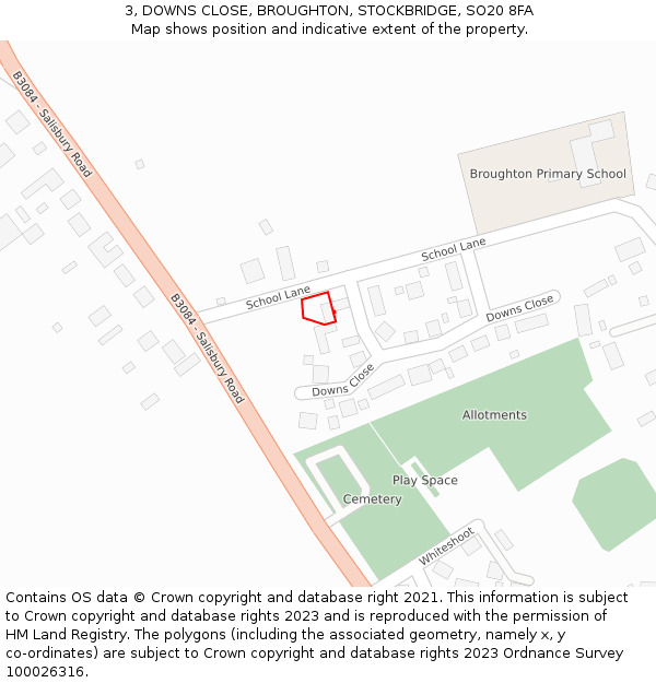 3, DOWNS CLOSE, BROUGHTON, STOCKBRIDGE, SO20 8FA: Location map and indicative extent of plot