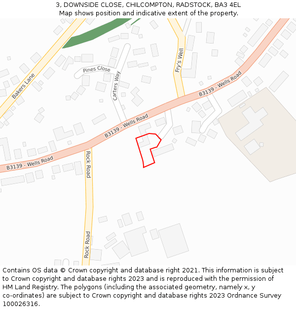 3, DOWNSIDE CLOSE, CHILCOMPTON, RADSTOCK, BA3 4EL: Location map and indicative extent of plot