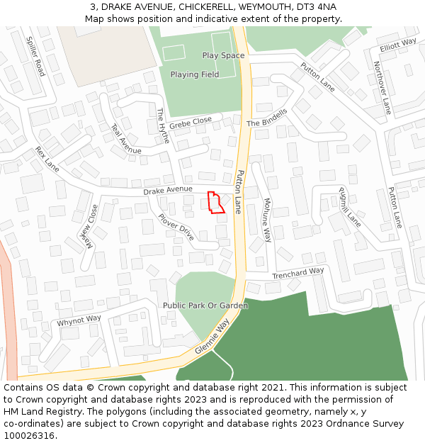 3, DRAKE AVENUE, CHICKERELL, WEYMOUTH, DT3 4NA: Location map and indicative extent of plot