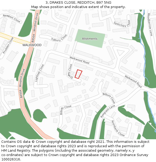 3, DRAKES CLOSE, REDDITCH, B97 5NG: Location map and indicative extent of plot