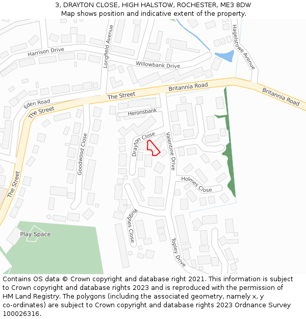3, DRAYTON CLOSE, HIGH HALSTOW, ROCHESTER, ME3 8DW: Location map and indicative extent of plot
