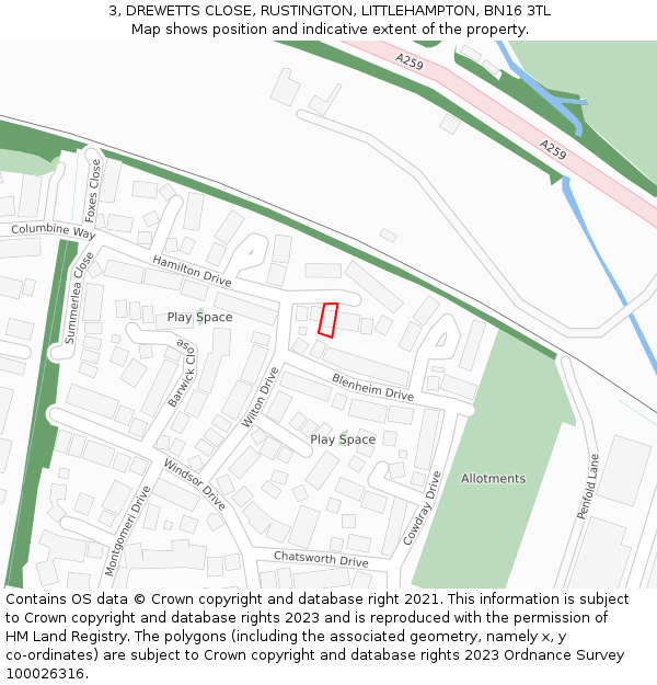 3, DREWETTS CLOSE, RUSTINGTON, LITTLEHAMPTON, BN16 3TL: Location map and indicative extent of plot