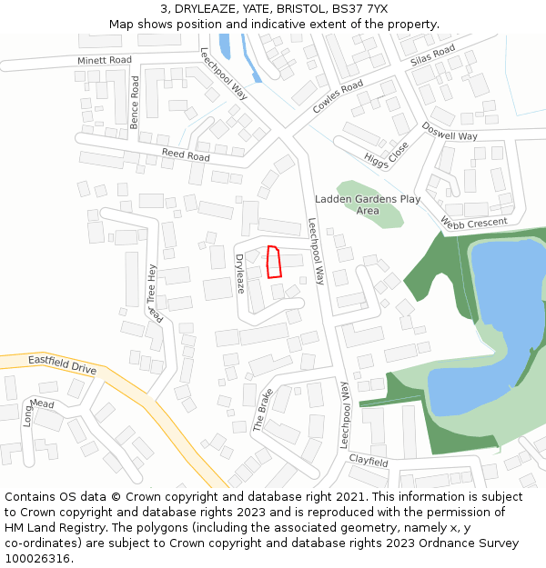 3, DRYLEAZE, YATE, BRISTOL, BS37 7YX: Location map and indicative extent of plot