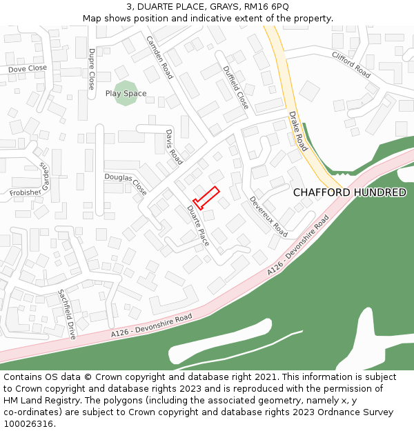 3, DUARTE PLACE, GRAYS, RM16 6PQ: Location map and indicative extent of plot