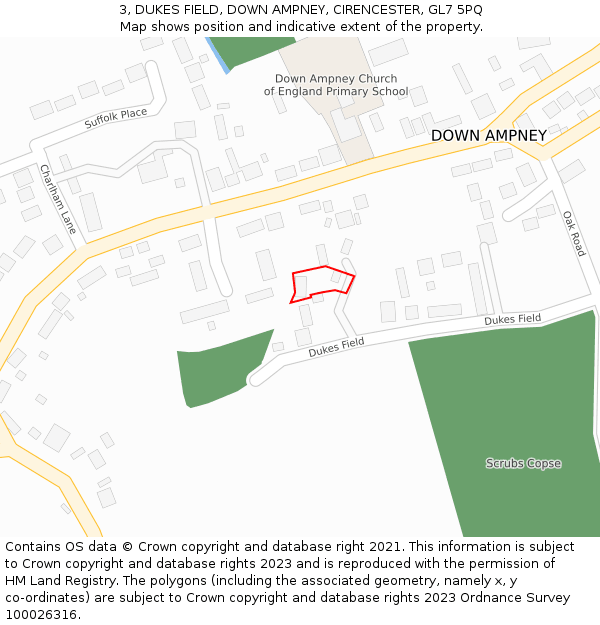 3, DUKES FIELD, DOWN AMPNEY, CIRENCESTER, GL7 5PQ: Location map and indicative extent of plot