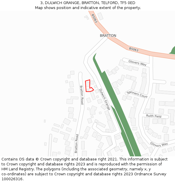 3, DULWICH GRANGE, BRATTON, TELFORD, TF5 0ED: Location map and indicative extent of plot