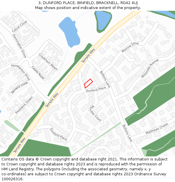 3, DUNFORD PLACE, BINFIELD, BRACKNELL, RG42 4UJ: Location map and indicative extent of plot