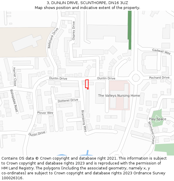 3, DUNLIN DRIVE, SCUNTHORPE, DN16 3UZ: Location map and indicative extent of plot