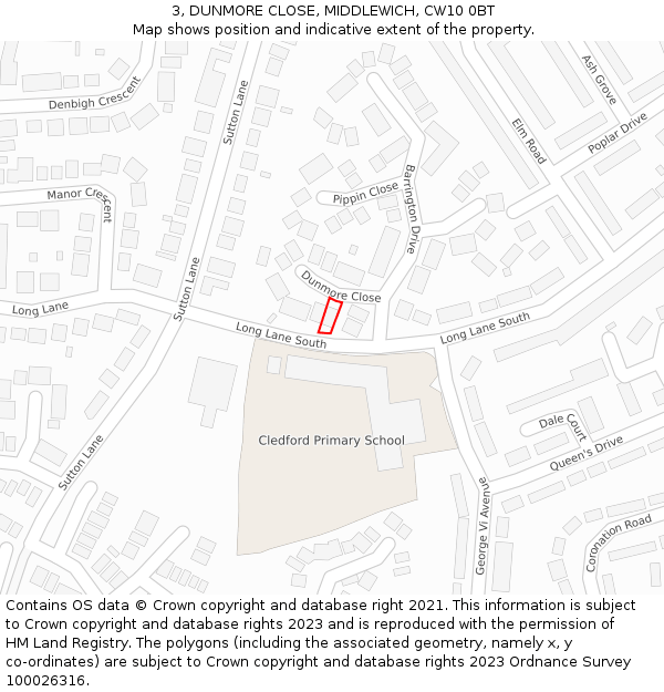 3, DUNMORE CLOSE, MIDDLEWICH, CW10 0BT: Location map and indicative extent of plot