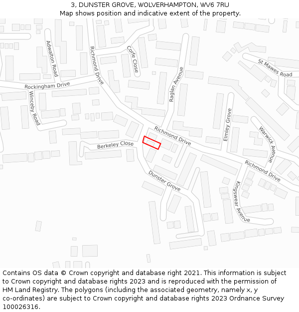 3, DUNSTER GROVE, WOLVERHAMPTON, WV6 7RU: Location map and indicative extent of plot