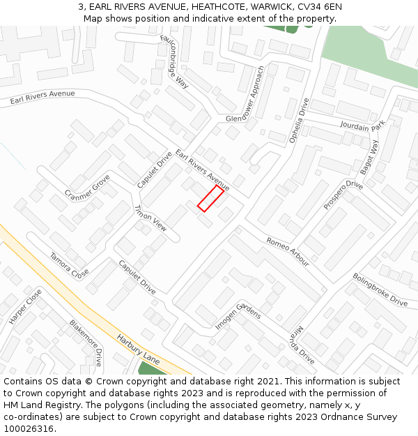 3, EARL RIVERS AVENUE, HEATHCOTE, WARWICK, CV34 6EN: Location map and indicative extent of plot