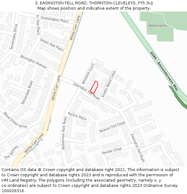 3, EASINGTON FELL ROAD, THORNTON-CLEVELEYS, FY5 3UJ: Location map and indicative extent of plot