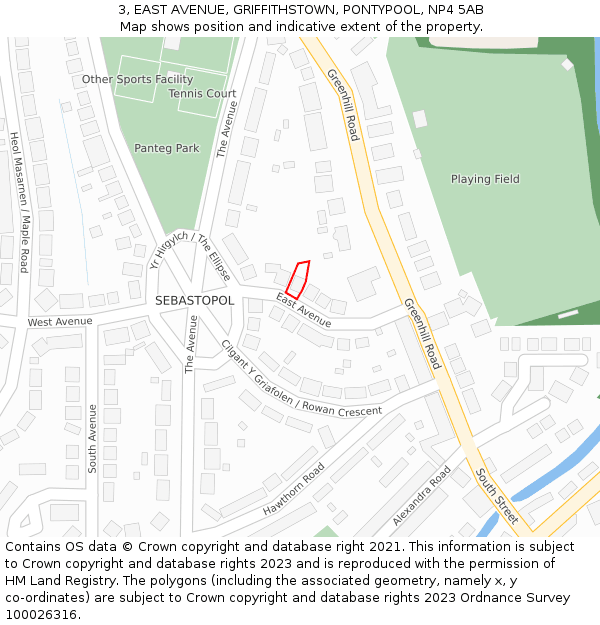 3, EAST AVENUE, GRIFFITHSTOWN, PONTYPOOL, NP4 5AB: Location map and indicative extent of plot