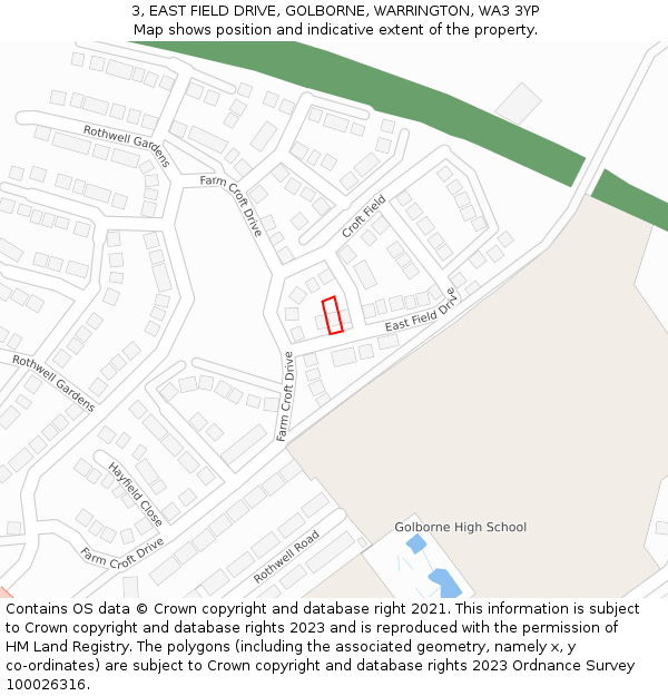 3, EAST FIELD DRIVE, GOLBORNE, WARRINGTON, WA3 3YP: Location map and indicative extent of plot