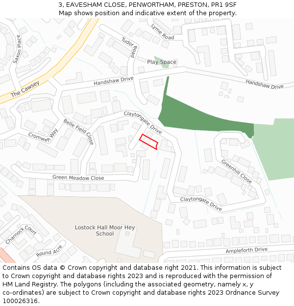 3, EAVESHAM CLOSE, PENWORTHAM, PRESTON, PR1 9SF: Location map and indicative extent of plot