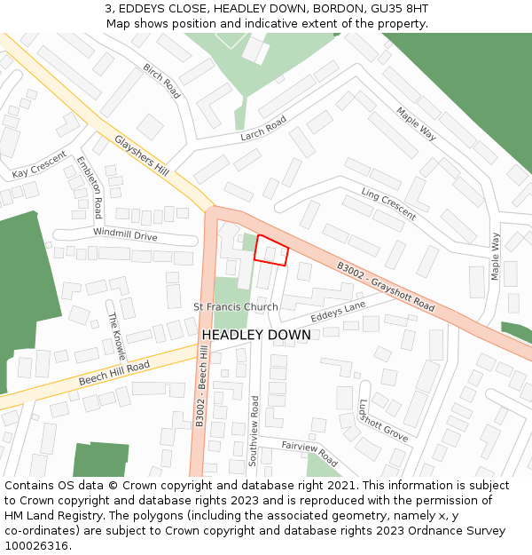 3, EDDEYS CLOSE, HEADLEY DOWN, BORDON, GU35 8HT: Location map and indicative extent of plot