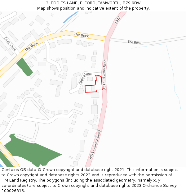 3, EDDIES LANE, ELFORD, TAMWORTH, B79 9BW: Location map and indicative extent of plot