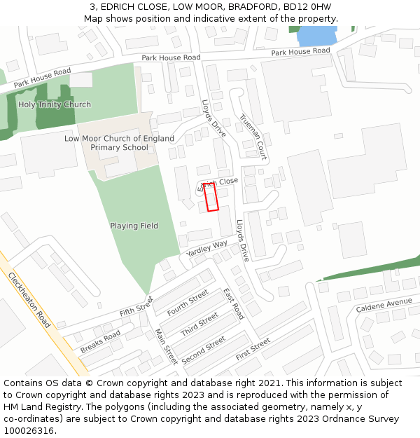 3, EDRICH CLOSE, LOW MOOR, BRADFORD, BD12 0HW: Location map and indicative extent of plot