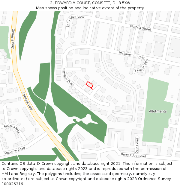 3, EDWARDIA COURT, CONSETT, DH8 5XW: Location map and indicative extent of plot