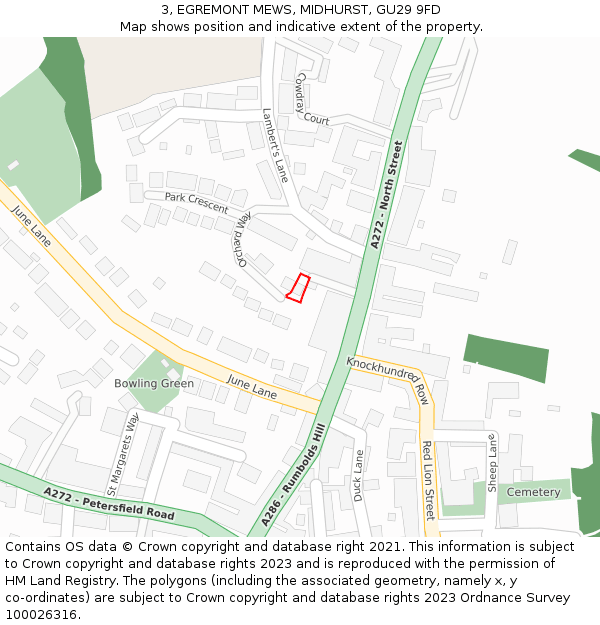 3, EGREMONT MEWS, MIDHURST, GU29 9FD: Location map and indicative extent of plot