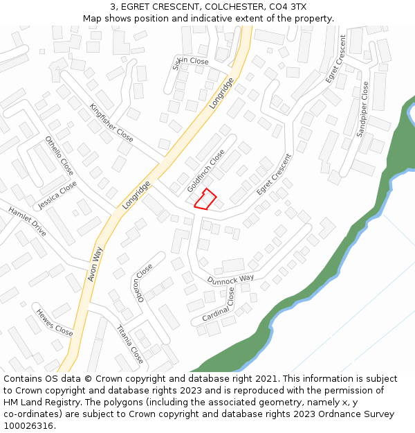 3, EGRET CRESCENT, COLCHESTER, CO4 3TX: Location map and indicative extent of plot