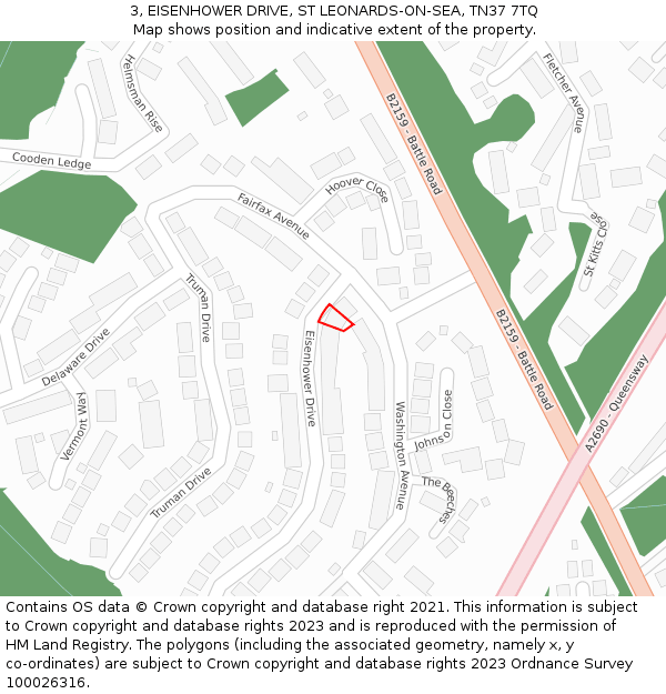 3, EISENHOWER DRIVE, ST LEONARDS-ON-SEA, TN37 7TQ: Location map and indicative extent of plot