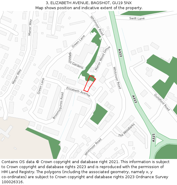 3, ELIZABETH AVENUE, BAGSHOT, GU19 5NX: Location map and indicative extent of plot