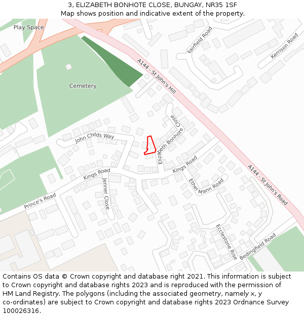 3, ELIZABETH BONHOTE CLOSE, BUNGAY, NR35 1SF: Location map and indicative extent of plot