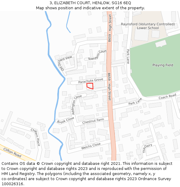 3, ELIZABETH COURT, HENLOW, SG16 6EQ: Location map and indicative extent of plot