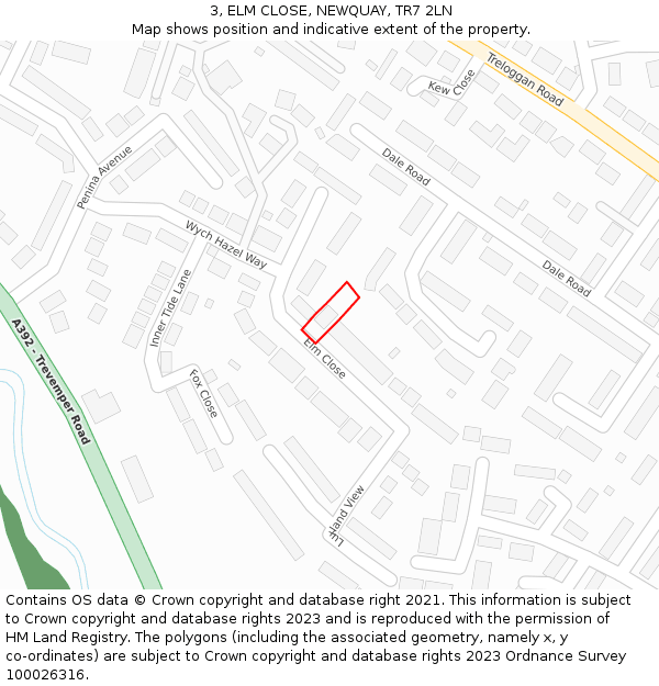 3, ELM CLOSE, NEWQUAY, TR7 2LN: Location map and indicative extent of plot