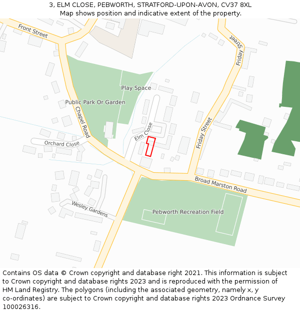 3, ELM CLOSE, PEBWORTH, STRATFORD-UPON-AVON, CV37 8XL: Location map and indicative extent of plot