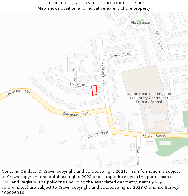 3, ELM CLOSE, STILTON, PETERBOROUGH, PE7 3RY: Location map and indicative extent of plot