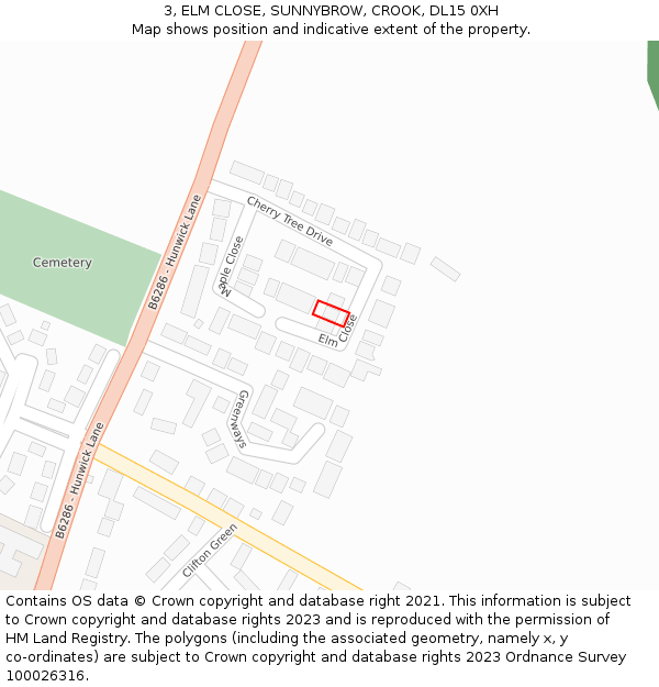 3, ELM CLOSE, SUNNYBROW, CROOK, DL15 0XH: Location map and indicative extent of plot