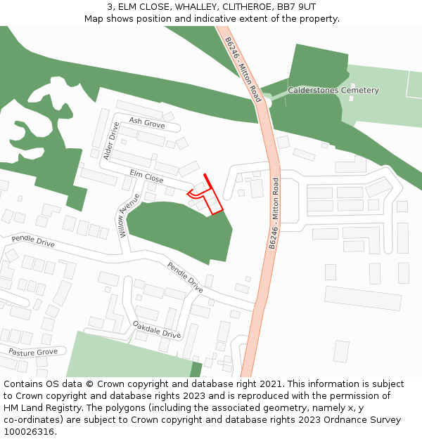 3, ELM CLOSE, WHALLEY, CLITHEROE, BB7 9UT: Location map and indicative extent of plot
