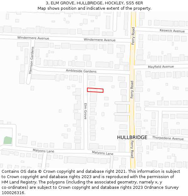 3, ELM GROVE, HULLBRIDGE, HOCKLEY, SS5 6ER: Location map and indicative extent of plot