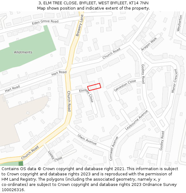 3, ELM TREE CLOSE, BYFLEET, WEST BYFLEET, KT14 7NN: Location map and indicative extent of plot