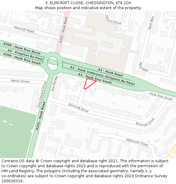 3, ELMCROFT CLOSE, CHESSINGTON, KT9 1DX: Location map and indicative extent of plot