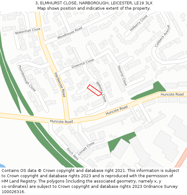 3, ELMHURST CLOSE, NARBOROUGH, LEICESTER, LE19 3LX: Location map and indicative extent of plot