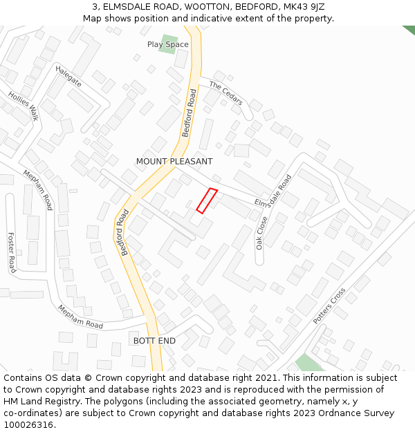 3, ELMSDALE ROAD, WOOTTON, BEDFORD, MK43 9JZ: Location map and indicative extent of plot