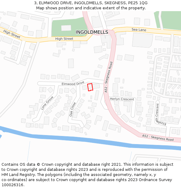 3, ELMWOOD DRIVE, INGOLDMELLS, SKEGNESS, PE25 1QG: Location map and indicative extent of plot