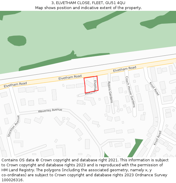 3, ELVETHAM CLOSE, FLEET, GU51 4QU: Location map and indicative extent of plot