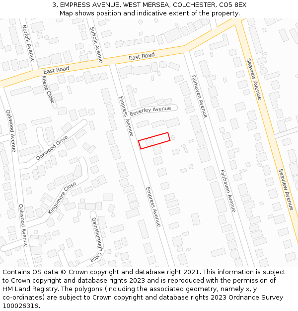 3, EMPRESS AVENUE, WEST MERSEA, COLCHESTER, CO5 8EX: Location map and indicative extent of plot