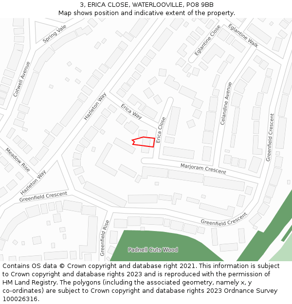 3, ERICA CLOSE, WATERLOOVILLE, PO8 9BB: Location map and indicative extent of plot