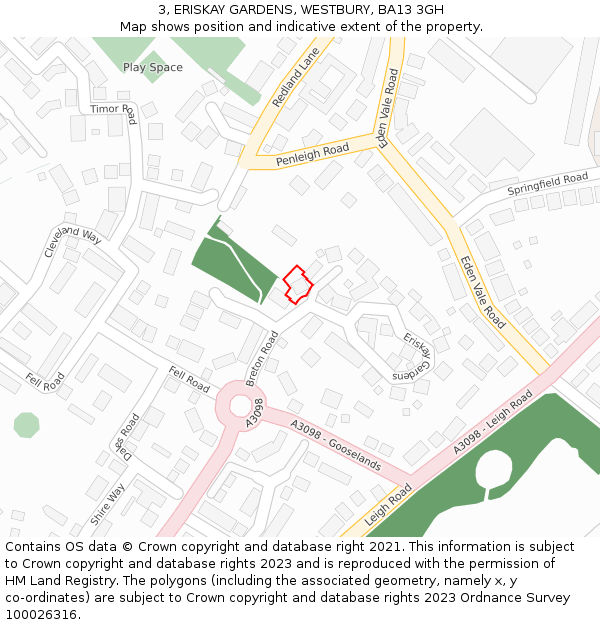 3, ERISKAY GARDENS, WESTBURY, BA13 3GH: Location map and indicative extent of plot