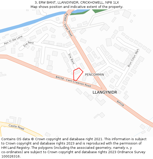 3, ERW BANT, LLANGYNIDR, CRICKHOWELL, NP8 1LX: Location map and indicative extent of plot