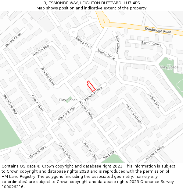 3, ESMONDE WAY, LEIGHTON BUZZARD, LU7 4FS: Location map and indicative extent of plot